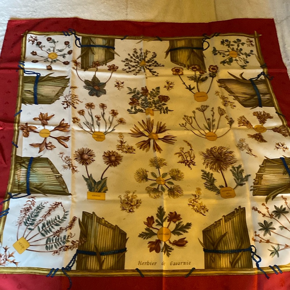 Hermes Red, Cream, Gold & Blue Botanical Silk Scarf